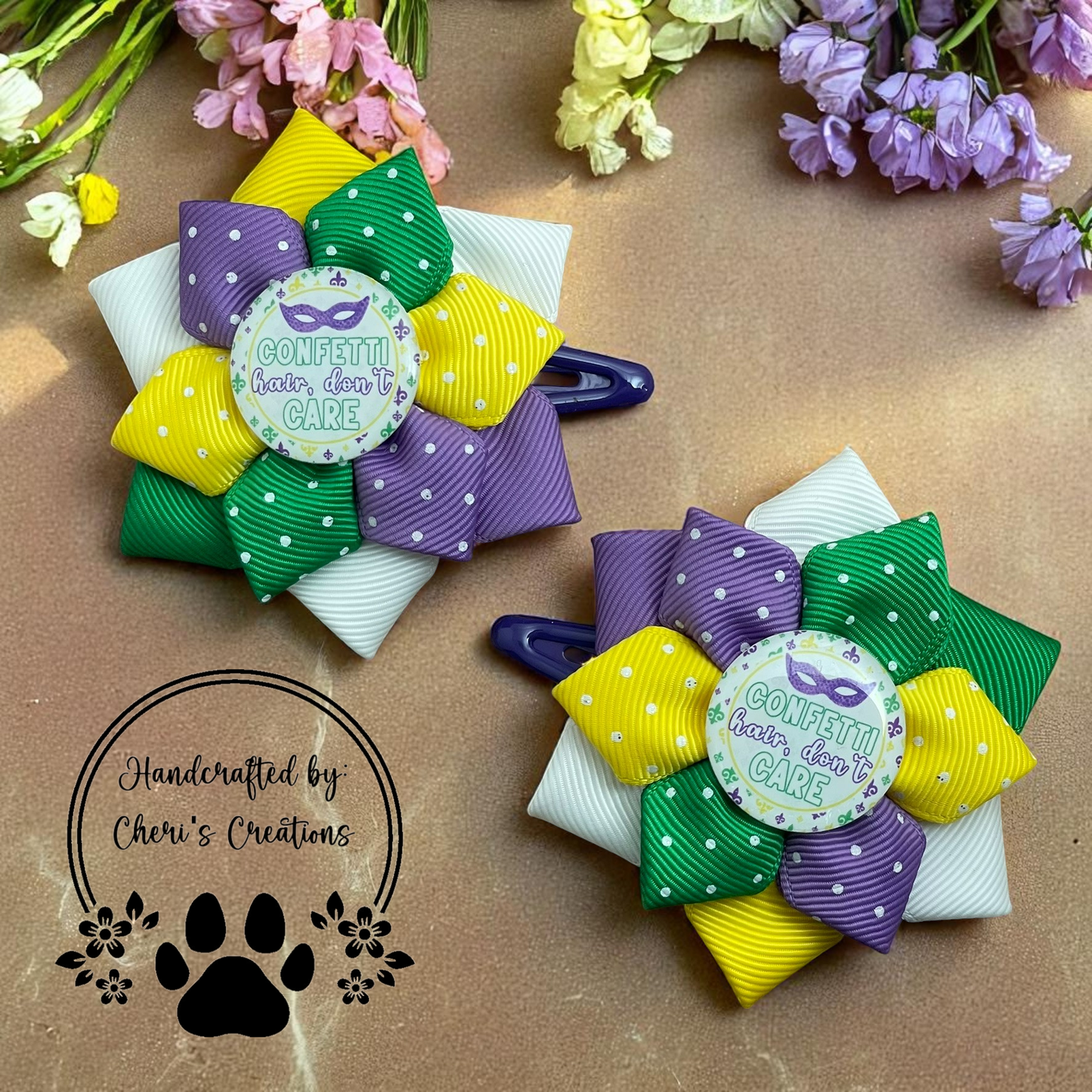 Mardi Gras Confetti Hair Snap Clip Bows – Handmade Flower Hair Accessories for Girls