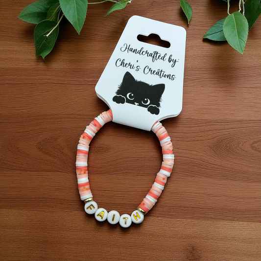 Coral Heishi Bead Bracelet – Handmade Stretch Bracelet with FAITH, HOPE, or LOVE
