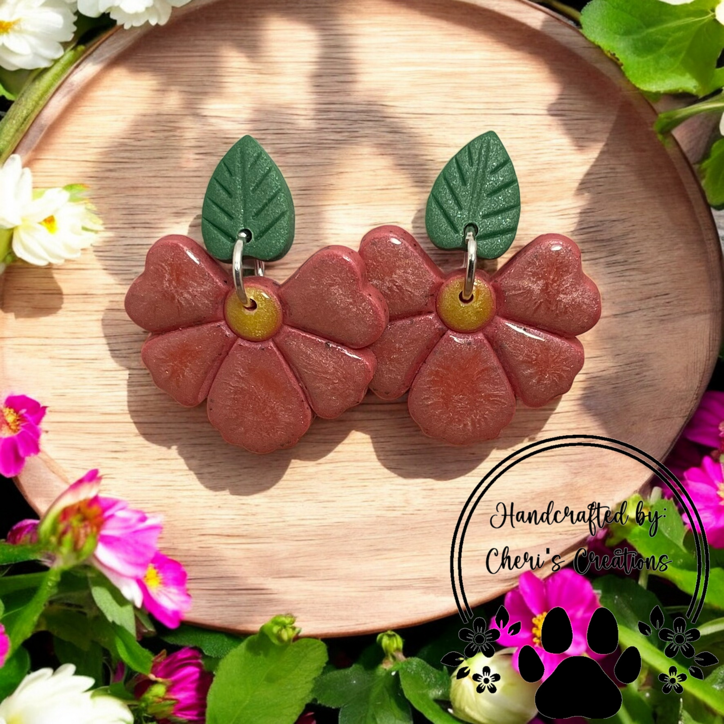 Bright Coral Half Flower Polymer Clay Dangle Earrings