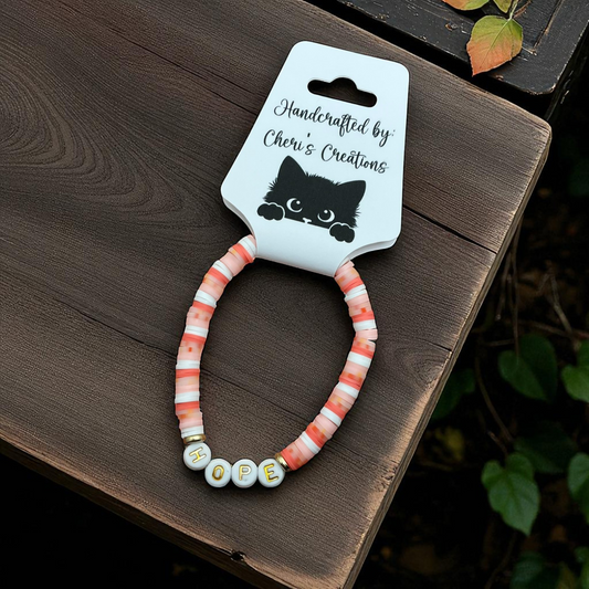 Coral Heishi Bead Bracelet – Handmade Stretch Bracelet with FAITH, HOPE, or LOVE