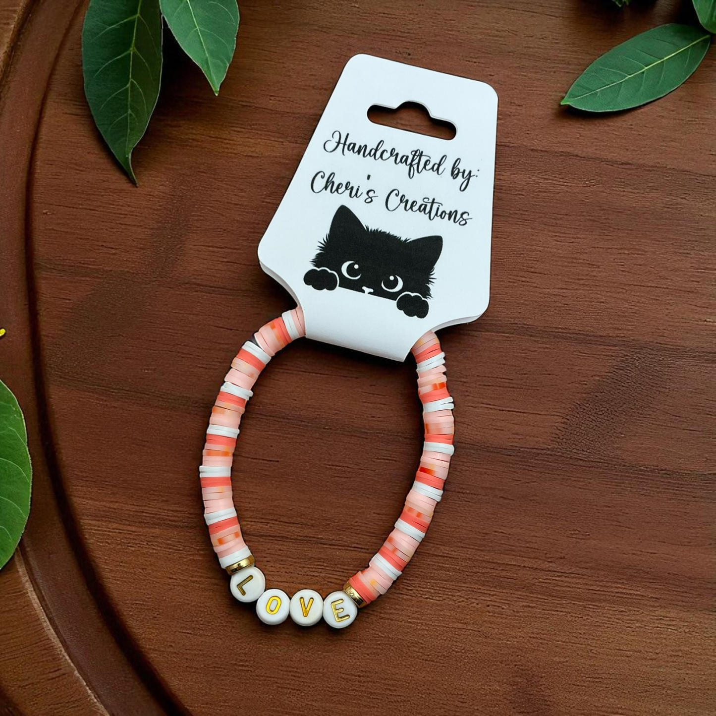 Coral Heishi Bead Bracelet – Handmade Stretch Bracelet with FAITH, HOPE, or LOVE