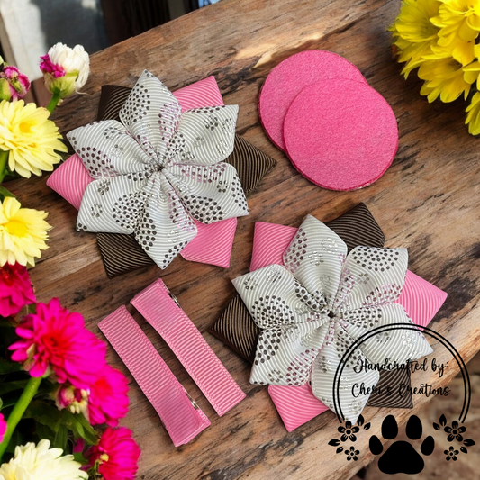 Country Glamour Pink & Brown Foil Dot DIY Flower Bow Kit – Handmade Grosgrain Ribbon Craft Kit