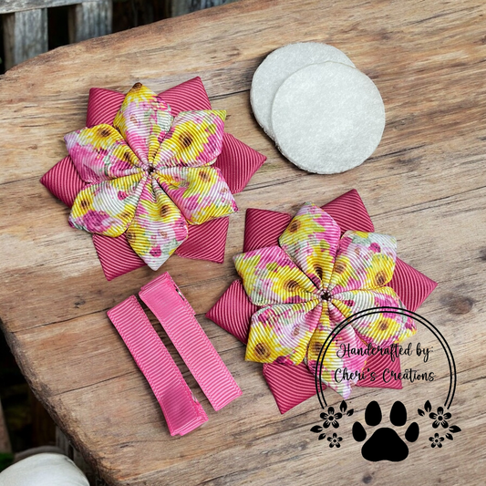 Country Sunflower & Pink Floral DIY Flower Bow Kit – Handmade Grosgrain Ribbon Craft Kit