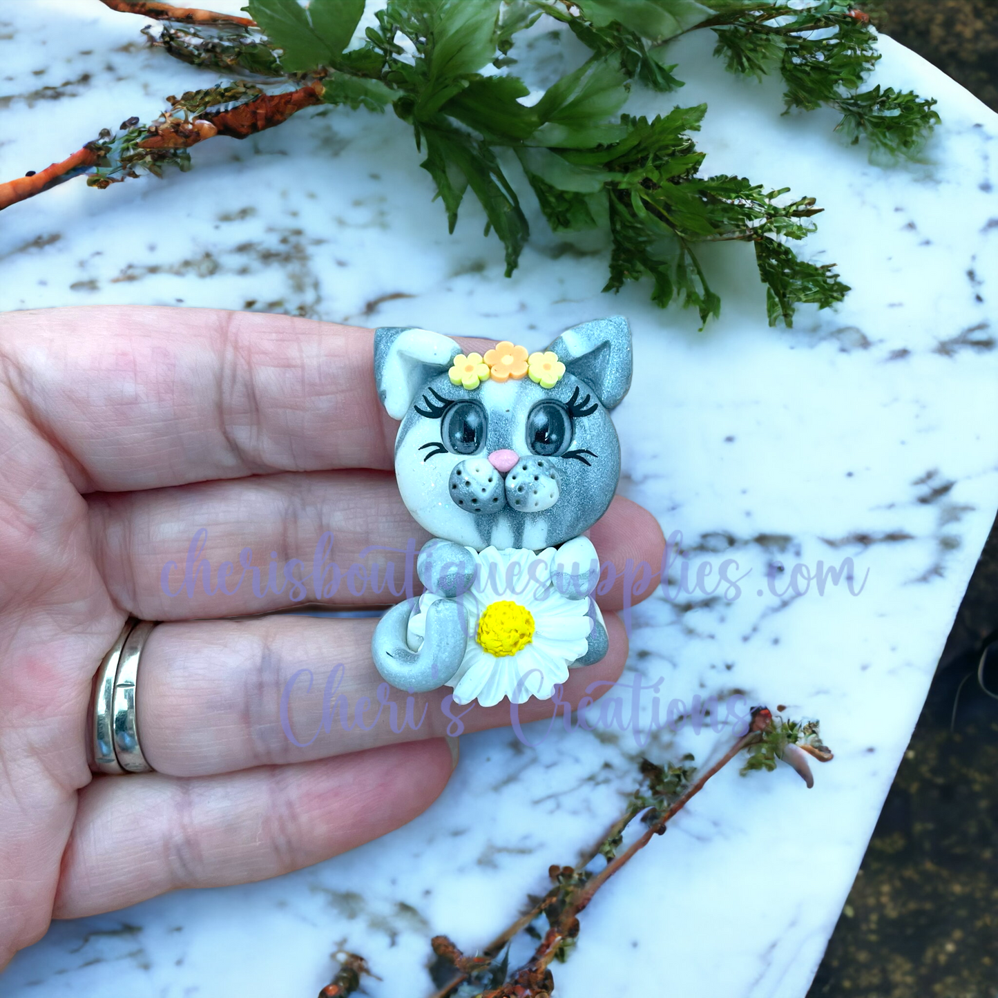 Spring Daisy Cat Polymer Clay Embellishment