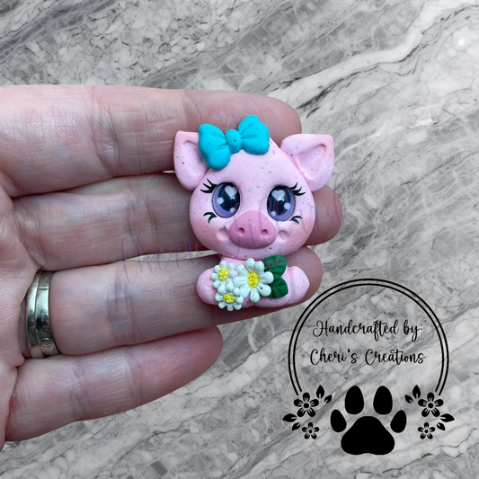 Pink Piggy with Daisy Bouquet – Handmade Polymer Clay Embellishment for Bow Making, Crafts & DIY Projects