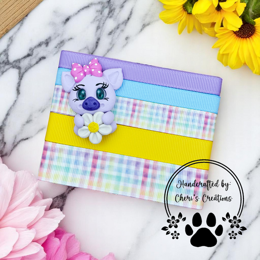 DIY Purple Daisy Piggy Clay & Ribbon Kit – Handmade Polymer Clay Pig for Bow Making, Crafting & DIY Accessories
