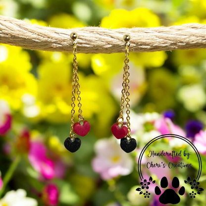 Red and Black Hearts Polymer Clay Dangle Earrings