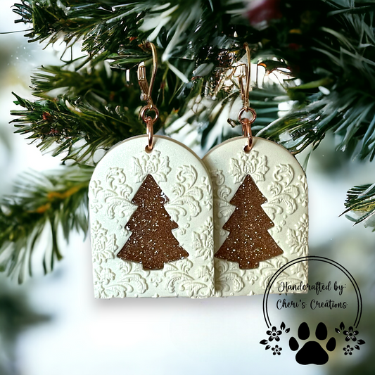 Golden Damask Christmas Polymer Clay Dangle Earrings