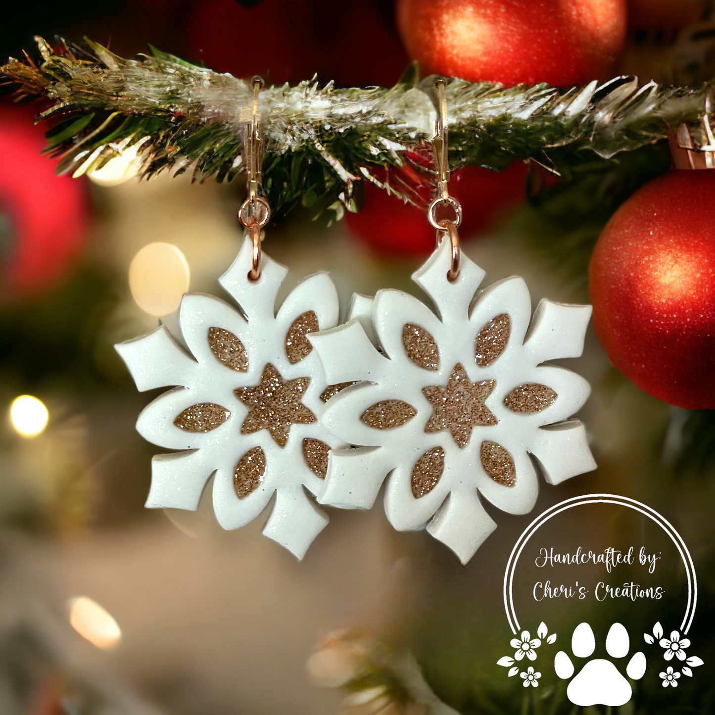 Golden Snowflakes Polymer Clay Dangle Earrings