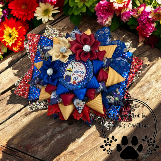 Fairest of All Hair Bow – Handmade Sparkling Faux Leather Bow with Red, Blue & Gold Flowers