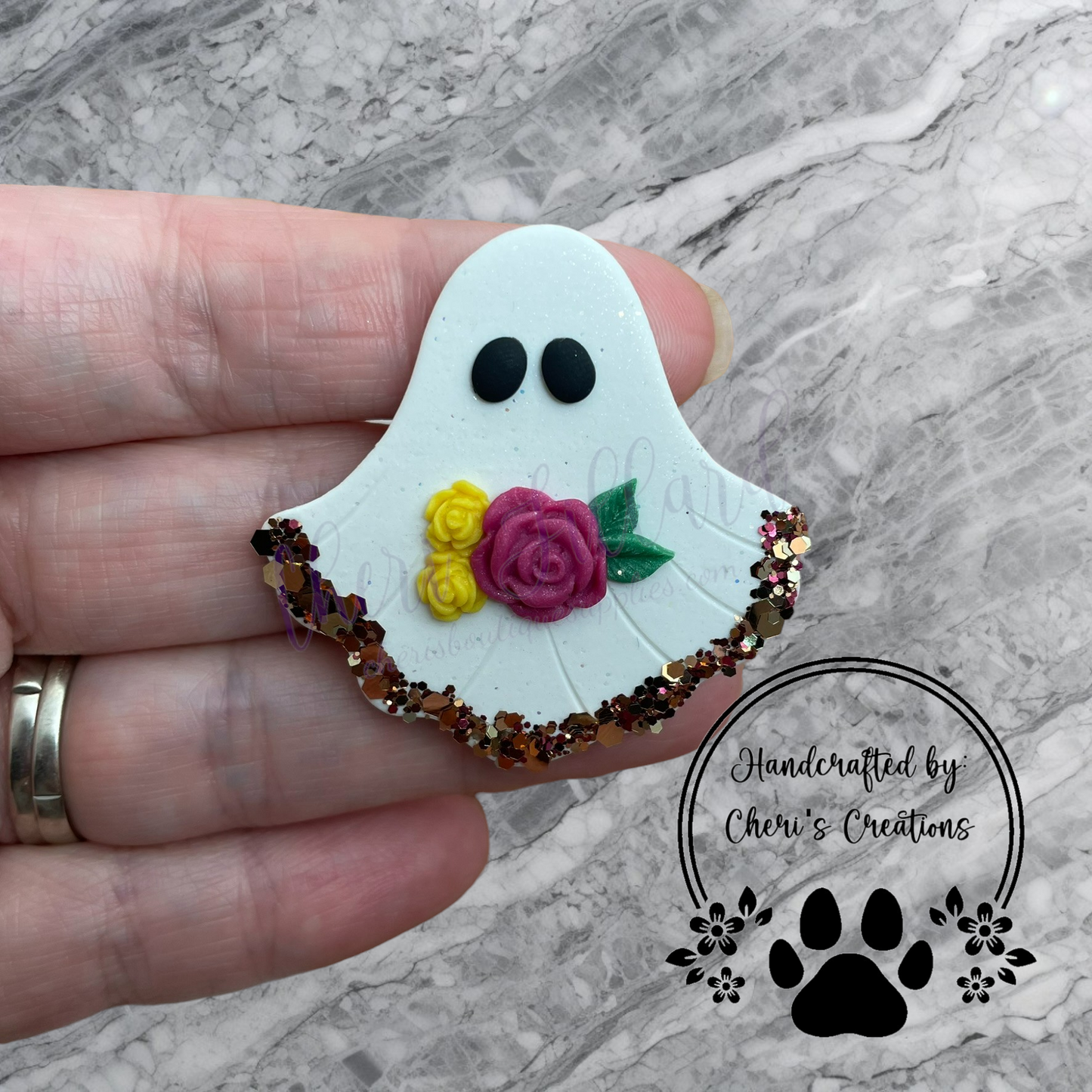 Fall Floral Sparkle Ghost Polymer Clay Embellishment