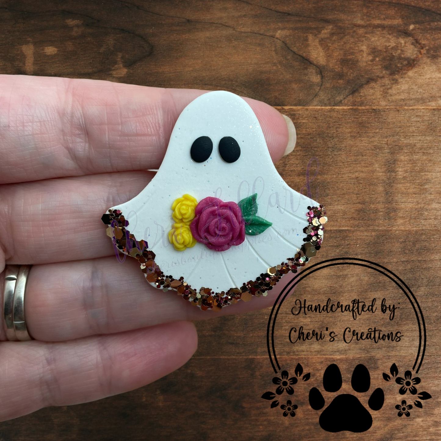 Fall Sparkle Ghost Bow Center – Handmade Polymer Clay Embellishment