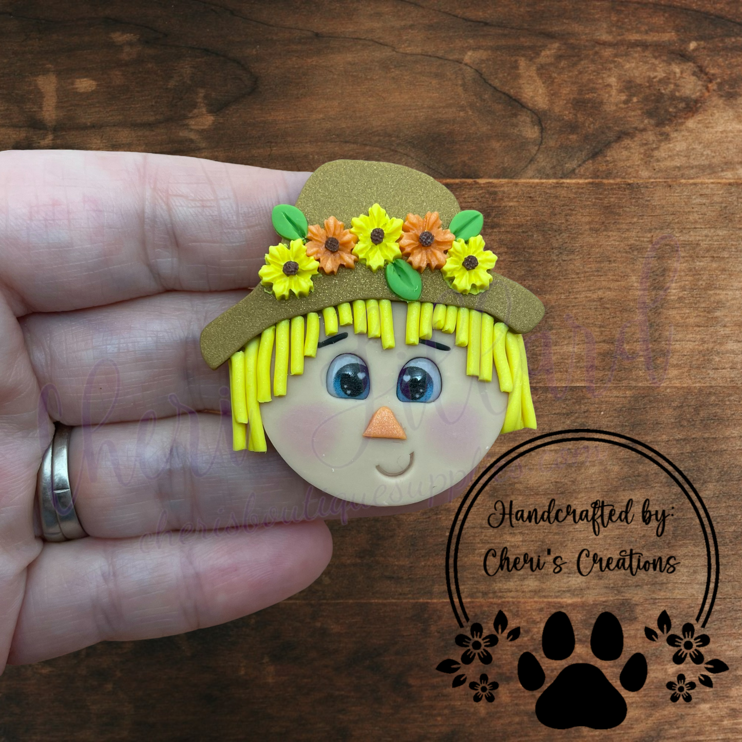 Sunflower Scarecrow Bow Center – Handmade Polymer Clay Embellishment