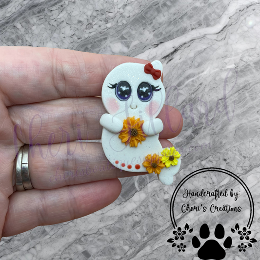 Sunflower Ghost Bow Center – Handmade Polymer Clay Embellishment