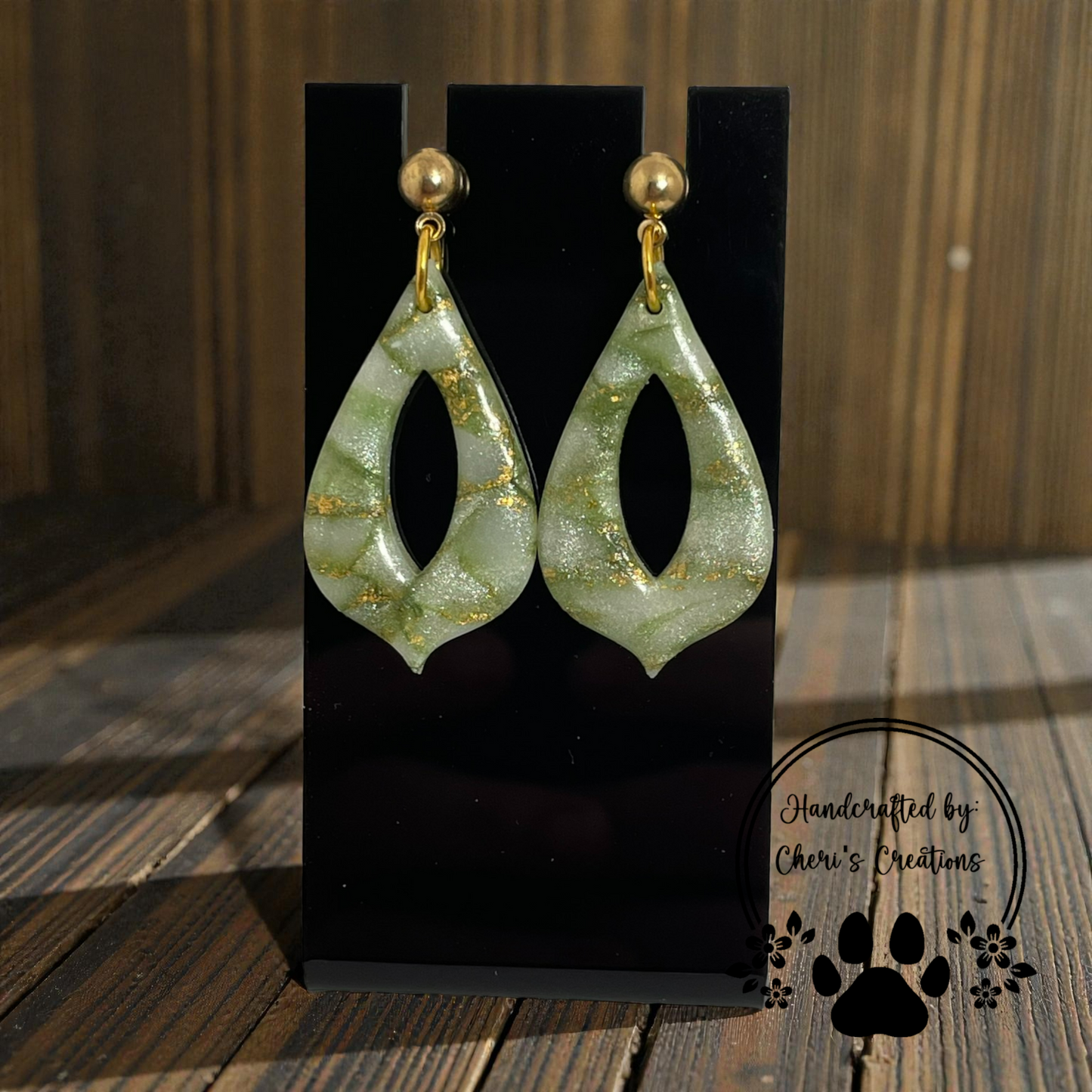 Green & Gold Fancy Teardrop Dangle Earrings – Handmade Polymer Clay Earrings