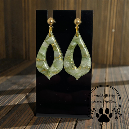 Green & Gold Fancy Teardrop Dangle Earrings – Handmade Polymer Clay Earrings