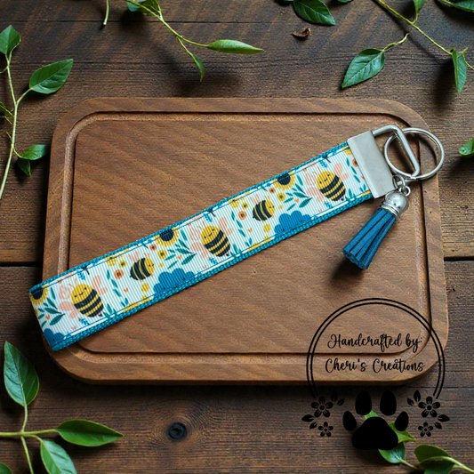 Wristlet Keychain - Floral Bumblebees Key Fob