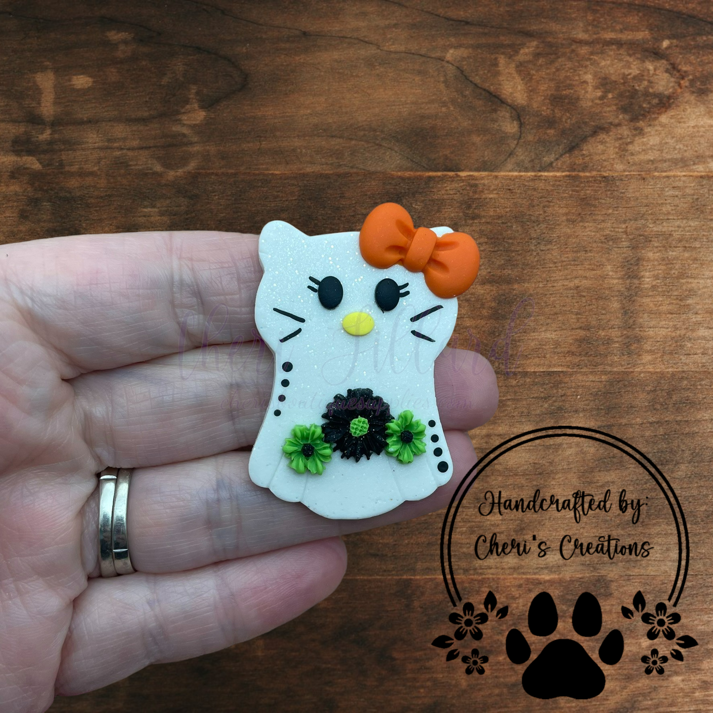 Floral Ghost Cat Bow Center – Handmade Polymer Clay Embellishment