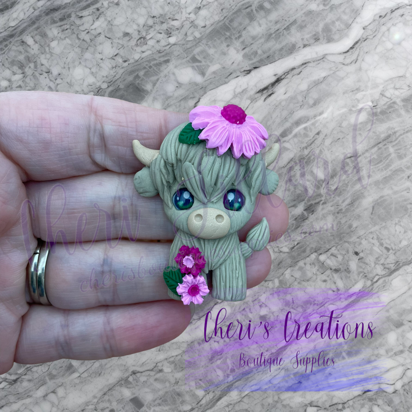 Floral Standing Shaggy Cow Polymer Clay Embellishment