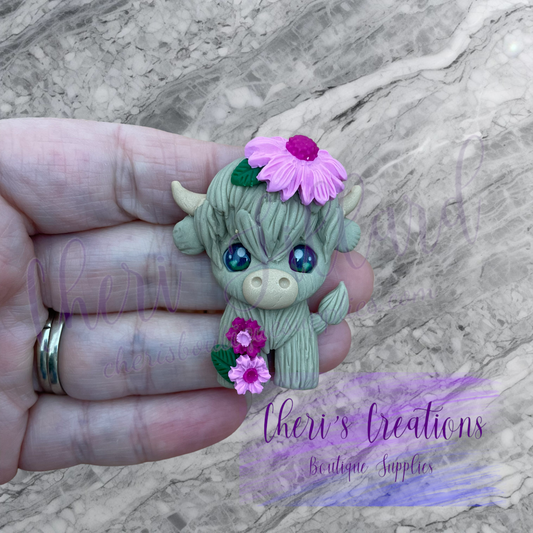Floral Standing Shaggy Cow Polymer Clay Embellishment