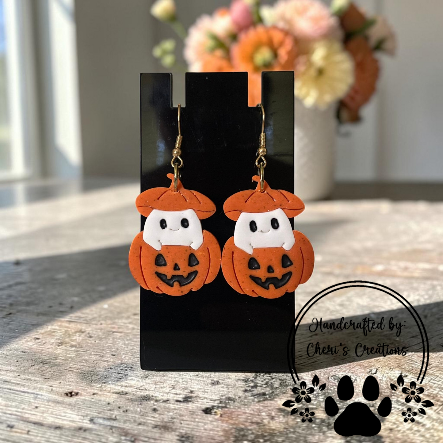 Ghosts in Pumpkins Earrings - Handmade Polymer Clay Dangle Earrings