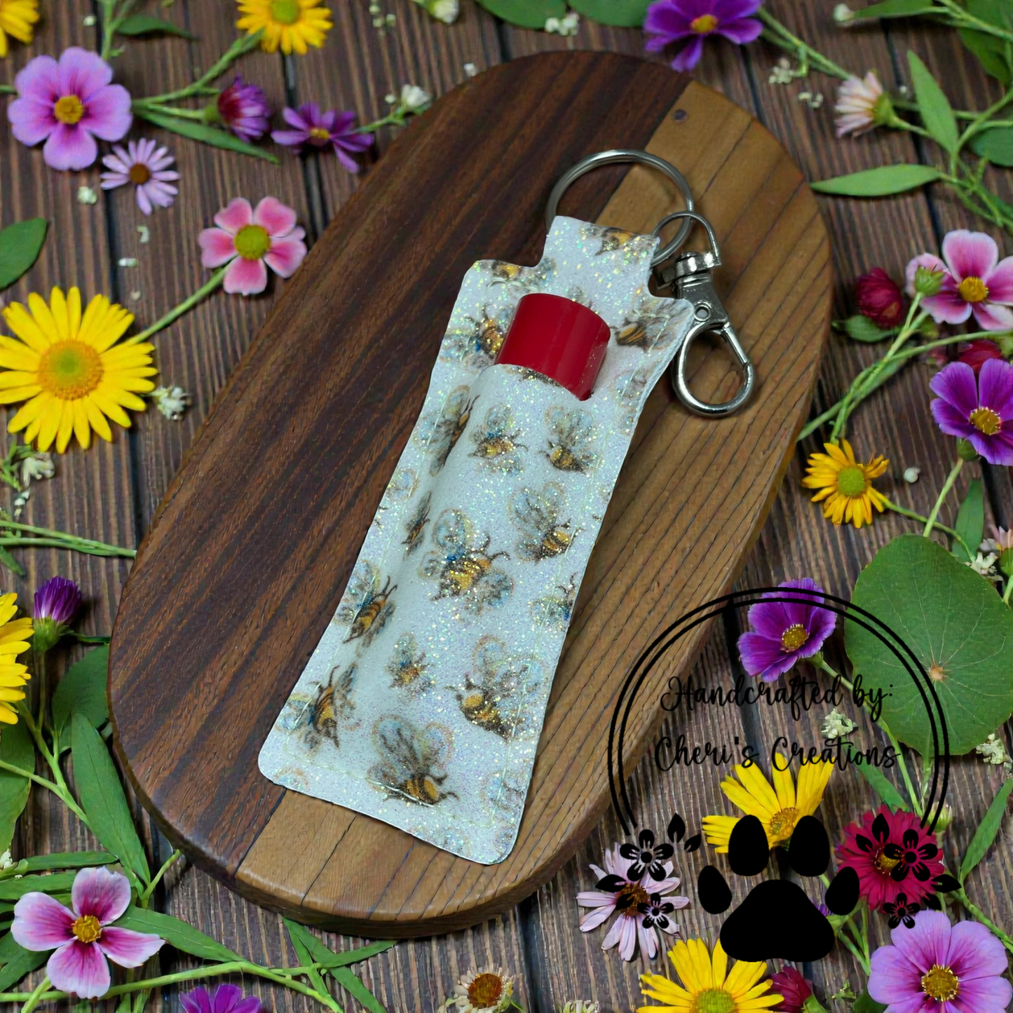 Chapstick Keychain - Glittery Honey Bees Lip Balm Sleeve