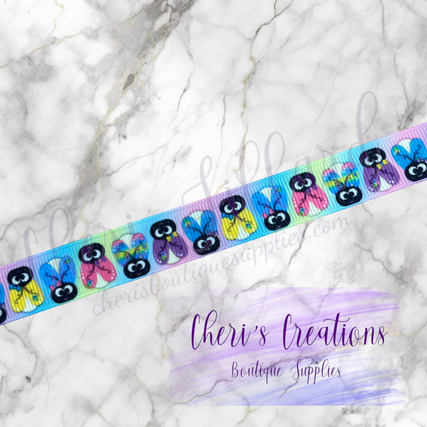 Rainbow Glow Bugs Grosgrain Ribbon – 3/8", 5/8", 7/8", 1.5" | Colorful Bug Ribbon by the Yard | Cute Insect Bow & Craft Supply