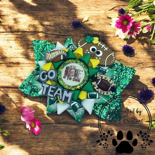 Handmade Football Hair Bow for Girls – Green & Gold Sports Bow with Clay Football & Sparkle Resin Center