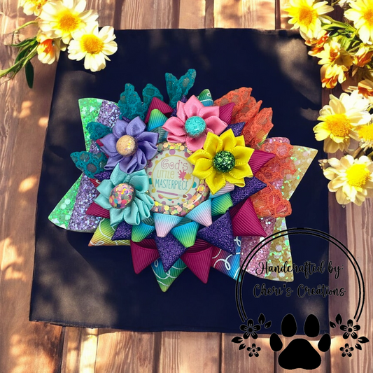 God's Little Masterpiece Hair Bow – Handmade Faux Leather & Ribbon Bow with Glitter Resin Center & Pastel Rainbow Flowers
