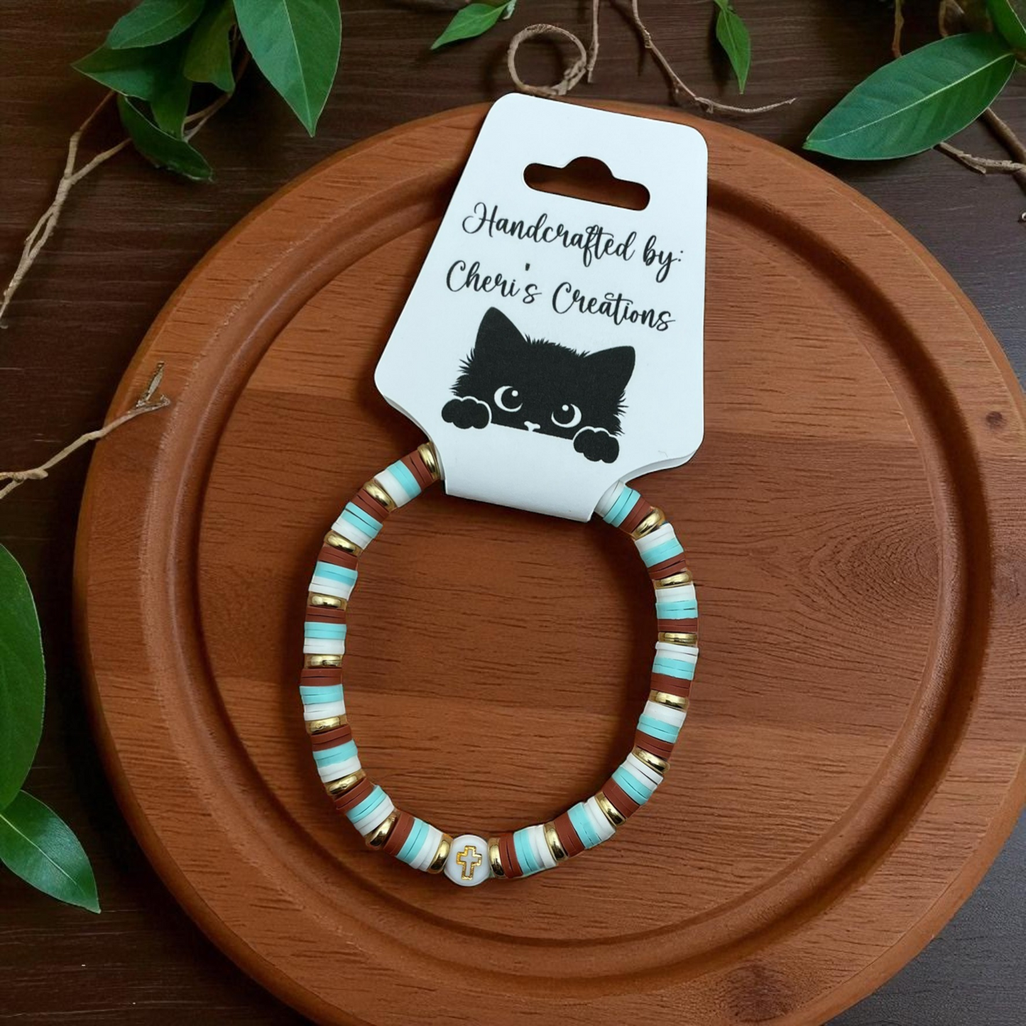 Heishi Bead Bracelet with Gold Cross – Handmade Stretch Bracelet