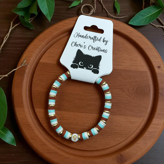 Heishi Bead Bracelet with Gold Cross – Handmade Stretch Bracelet