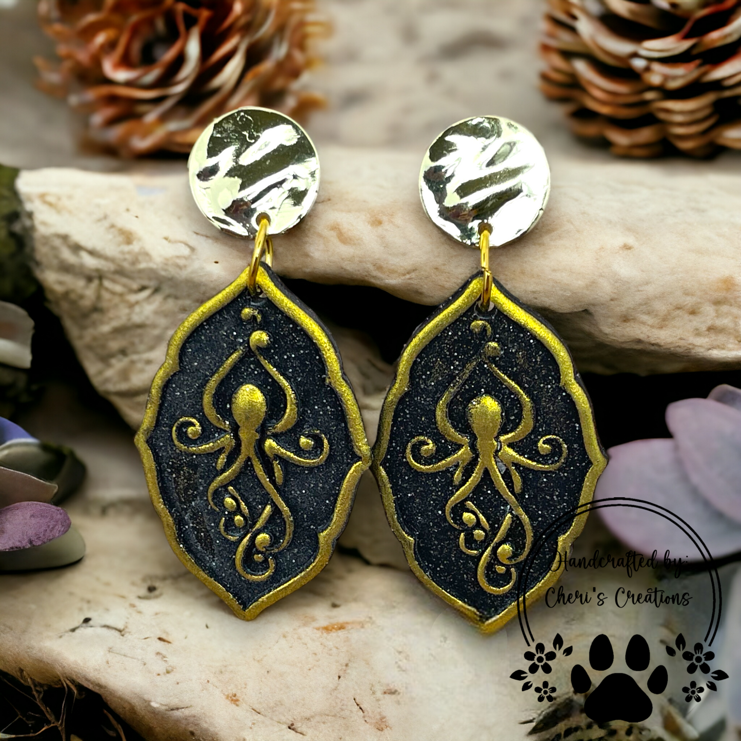 Midnight Kraken Gold Octopus Polymer Clay Dangle Earrings