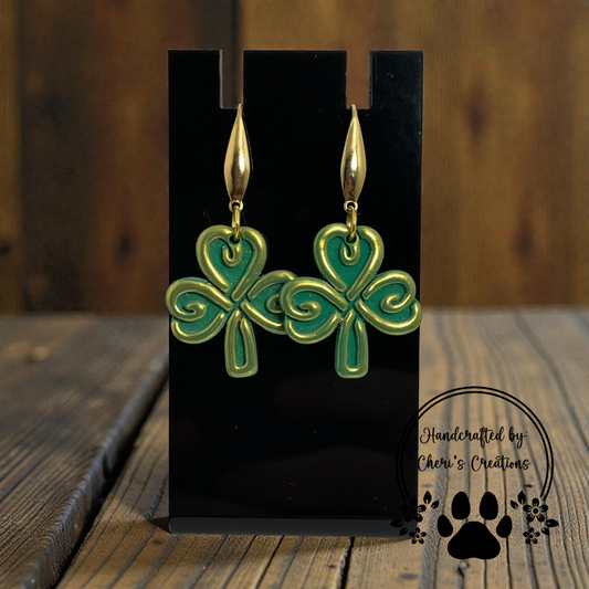 Golden Heart Clover Dangle Earrings – Handmade Polymer Clay Earrings