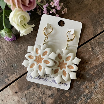 Golden Snowflake Dangles - Handmade Polymer Clay Earrings