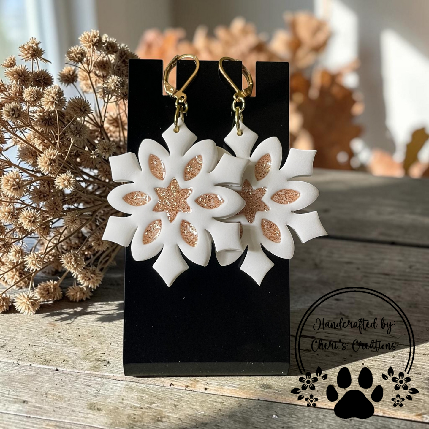 Golden Snowflake Dangles - Handmade Polymer Clay Earrings