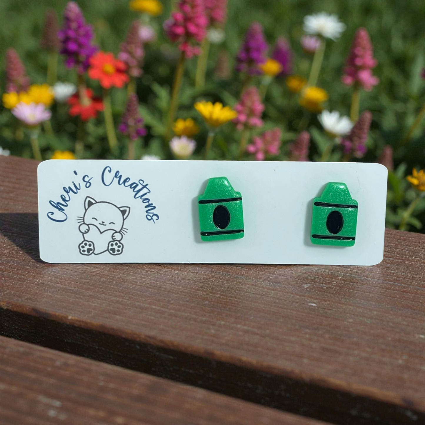Green Crayon Studs – Handmade Polymer Clay Earrings
