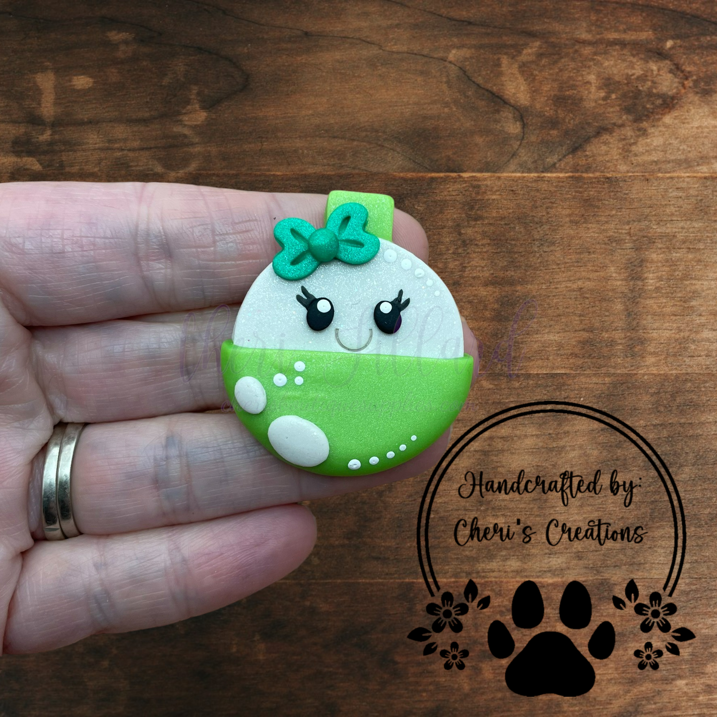 Green Fishing Bobber Bow Center – Handmade Polymer Clay Embellishment
