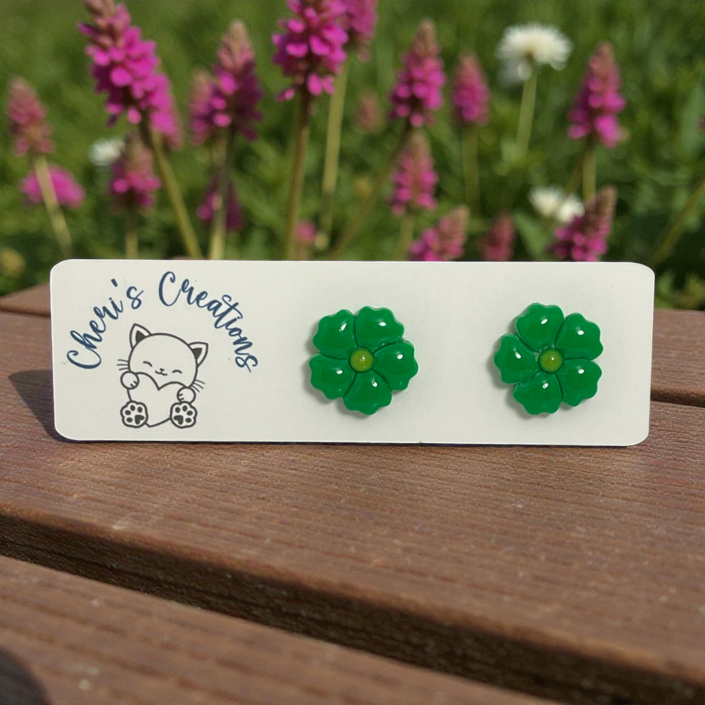 Green Flower Studs – Handmade Polymer Clay Earrings