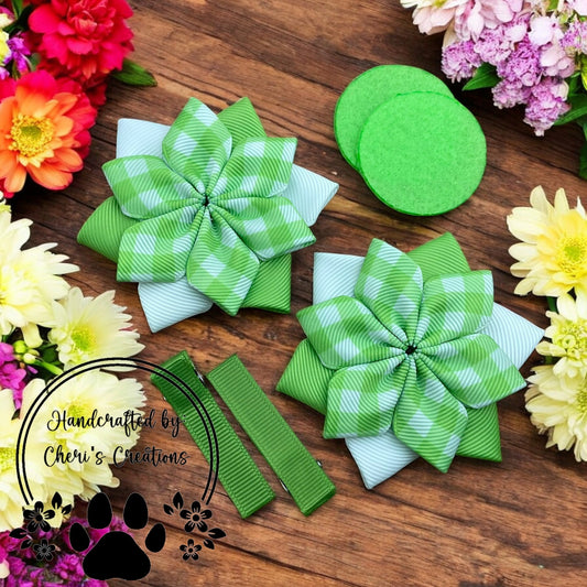 DIY Flower Bow Kit – Green Gingham Hair Bow Kit