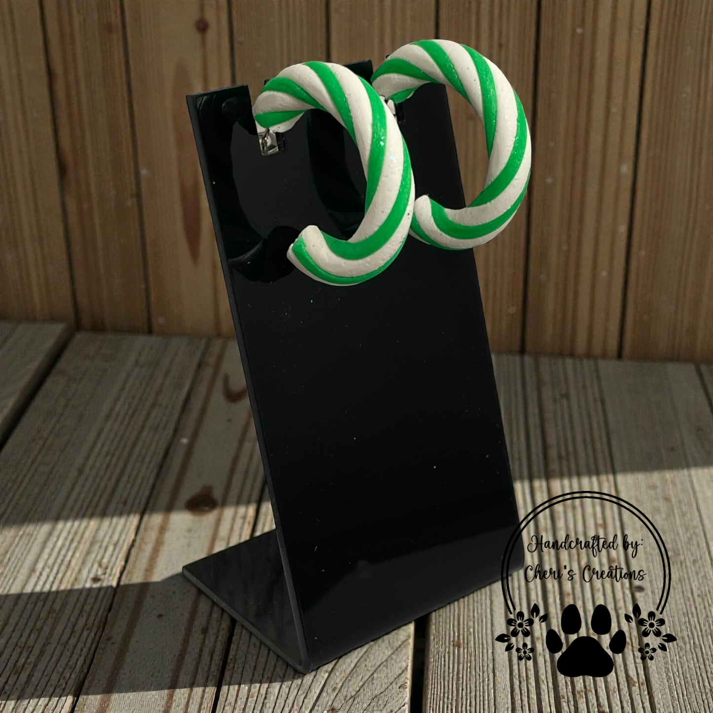 Green Candy Cane Hoop Earrings – Handmade Polymer Clay Earrings