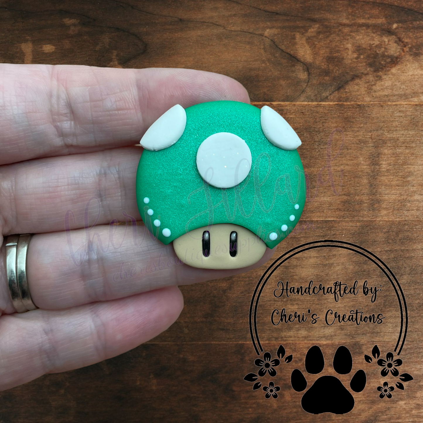 Green Cap Mushroom Bow Center – Handmade Polymer Clay Embellishment
