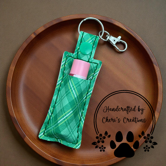 Chapstick Keychain - Green Plaid Lip Balm Holder