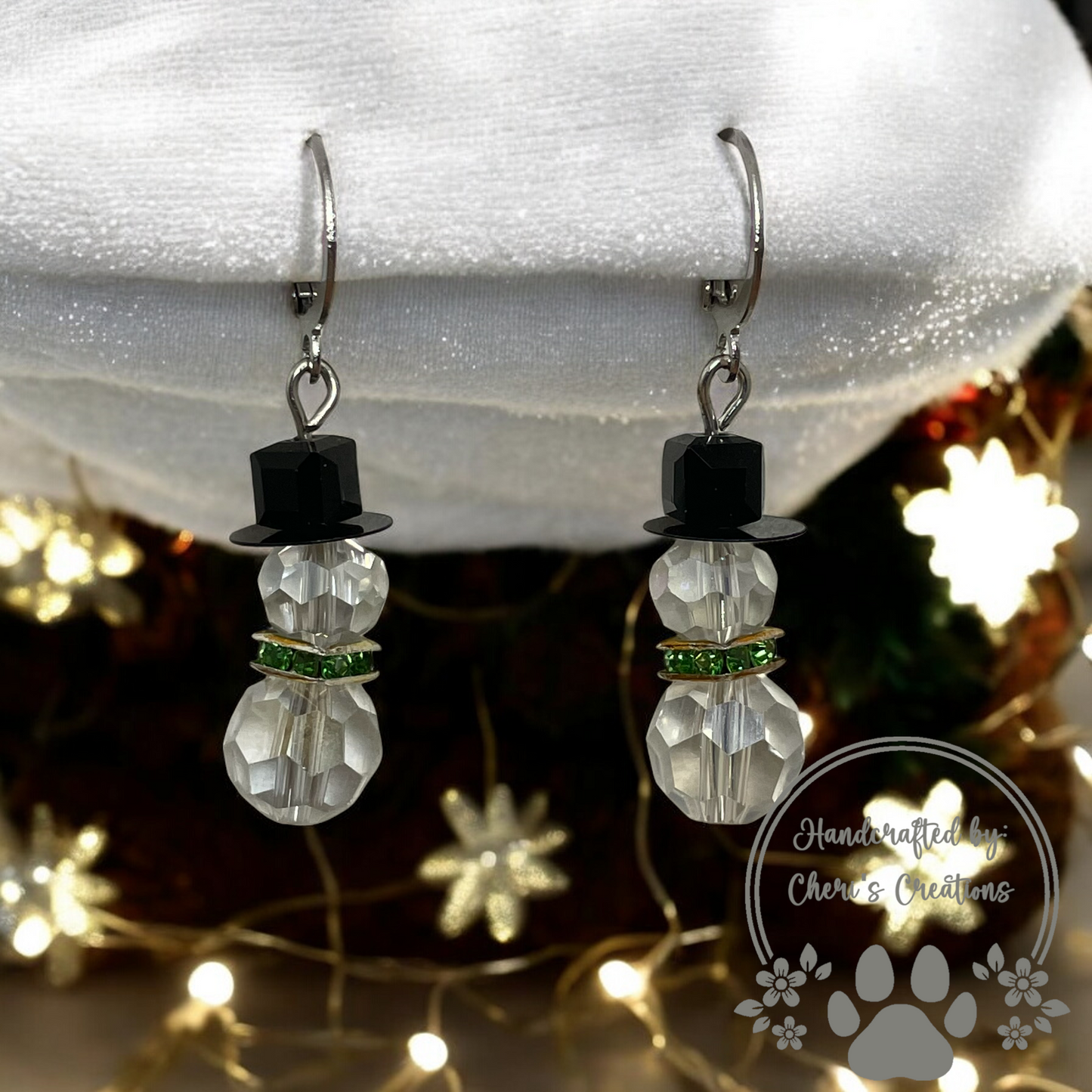 Whimsical Green Snowman Beaded Acrylic Dangle Earrings