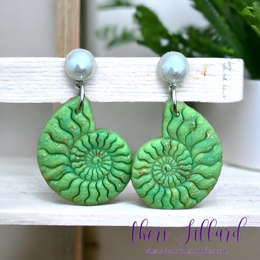 Green and Gold Marble Ammonite Shells Polymer Clay Earrings