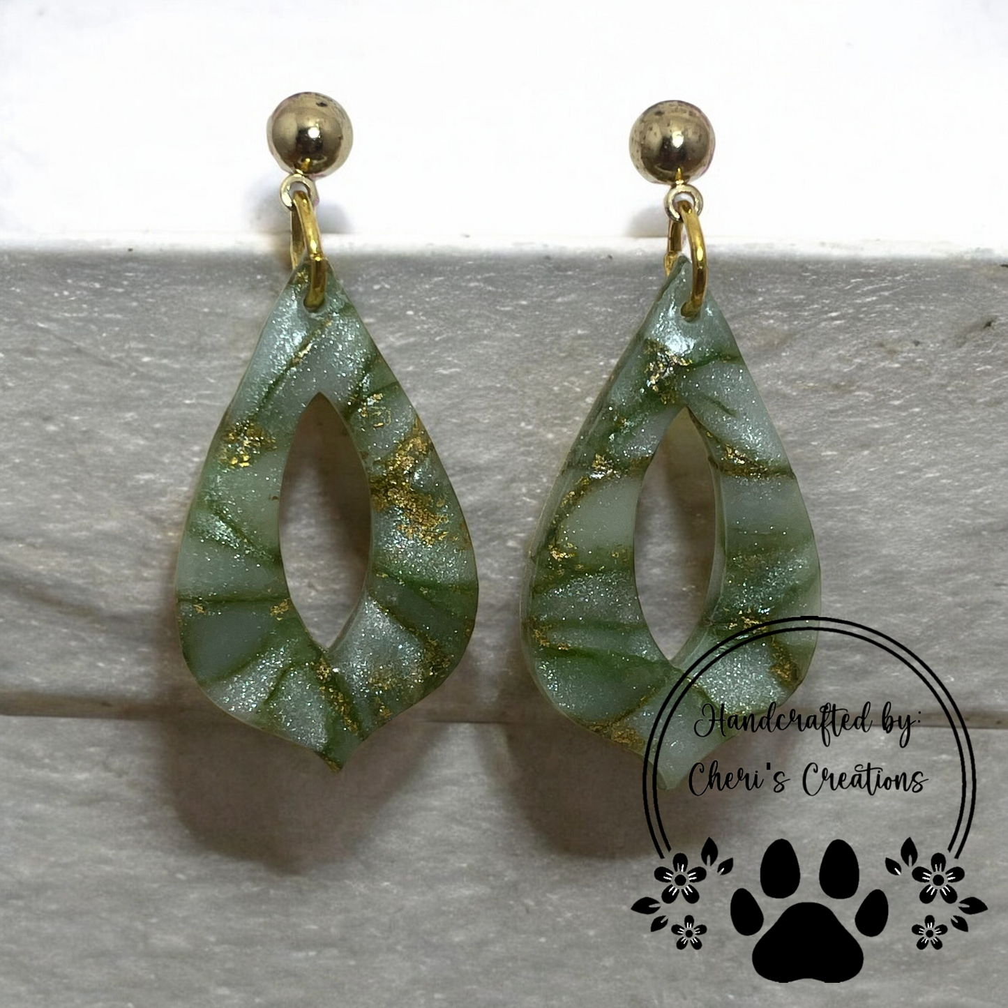 Green & Gold Teardrop Polymer Clay Dangle Earrings