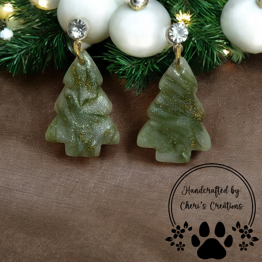 Green & Gold Winter Tree Polymer Clay Dangle Earrings