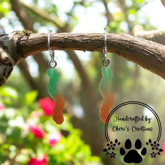 Retro Green & Orange Gummy Worm Acrylic Dangle Earrings