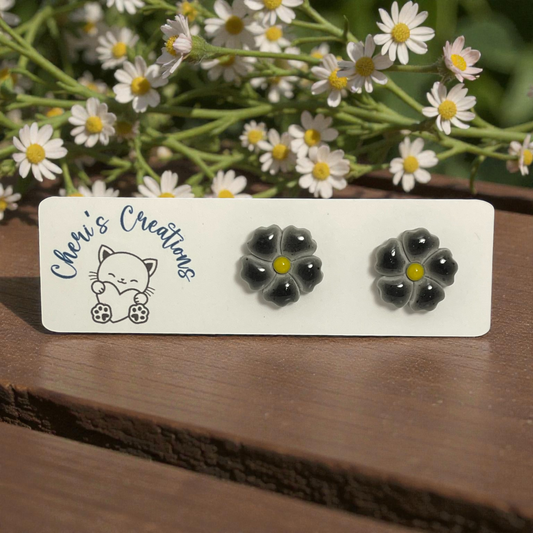 Grey Flower Studs – Handmade Polymer Clay Earrings