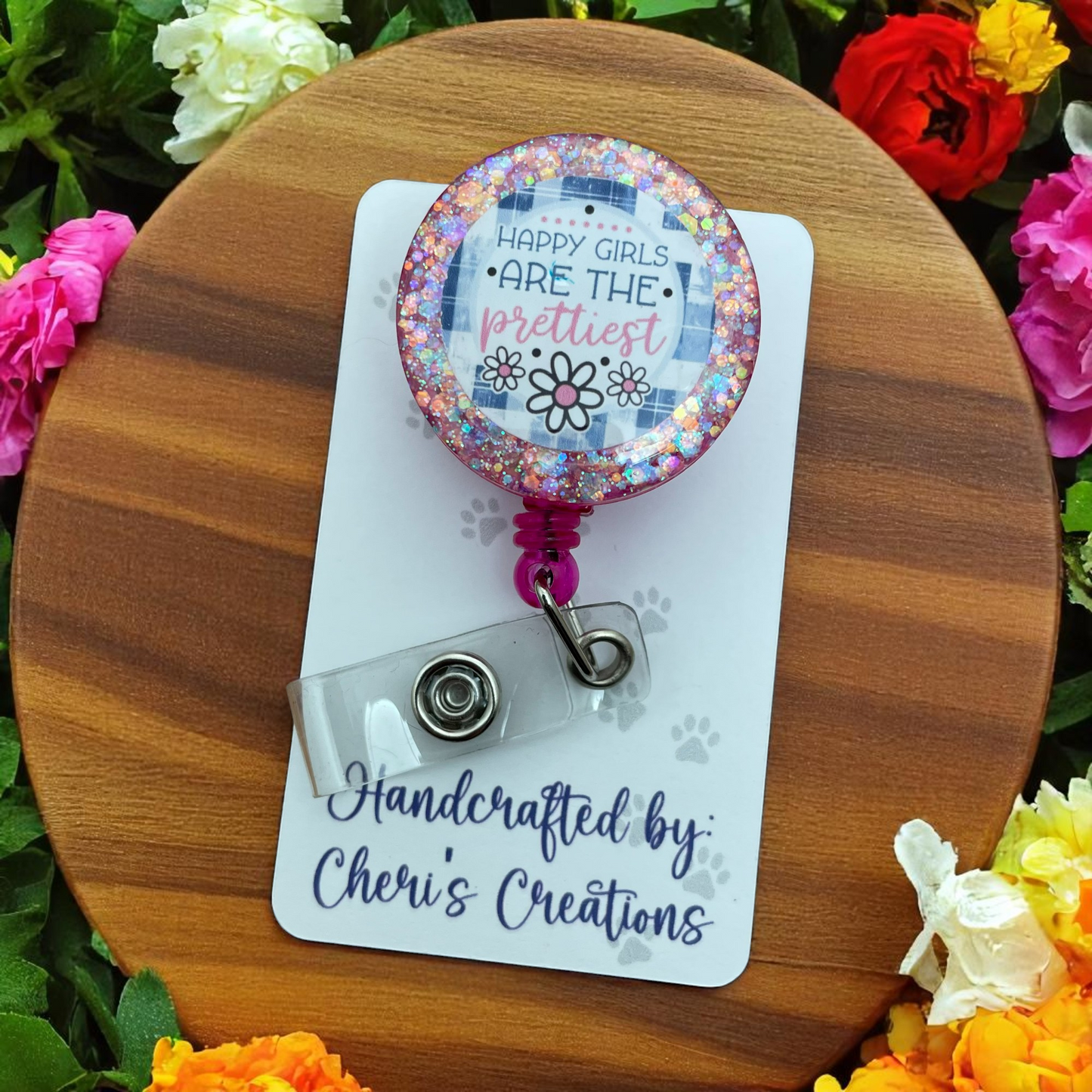 Happy Girls Are the Prettiest Badge Reel – Daisies & Denim ID Holder for Nurses, Teachers & Office Staff