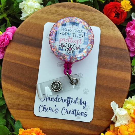 Happy Girls Are the Prettiest Badge Reel – Daisies & Denim ID Holder for Nurses, Teachers & Office Staff